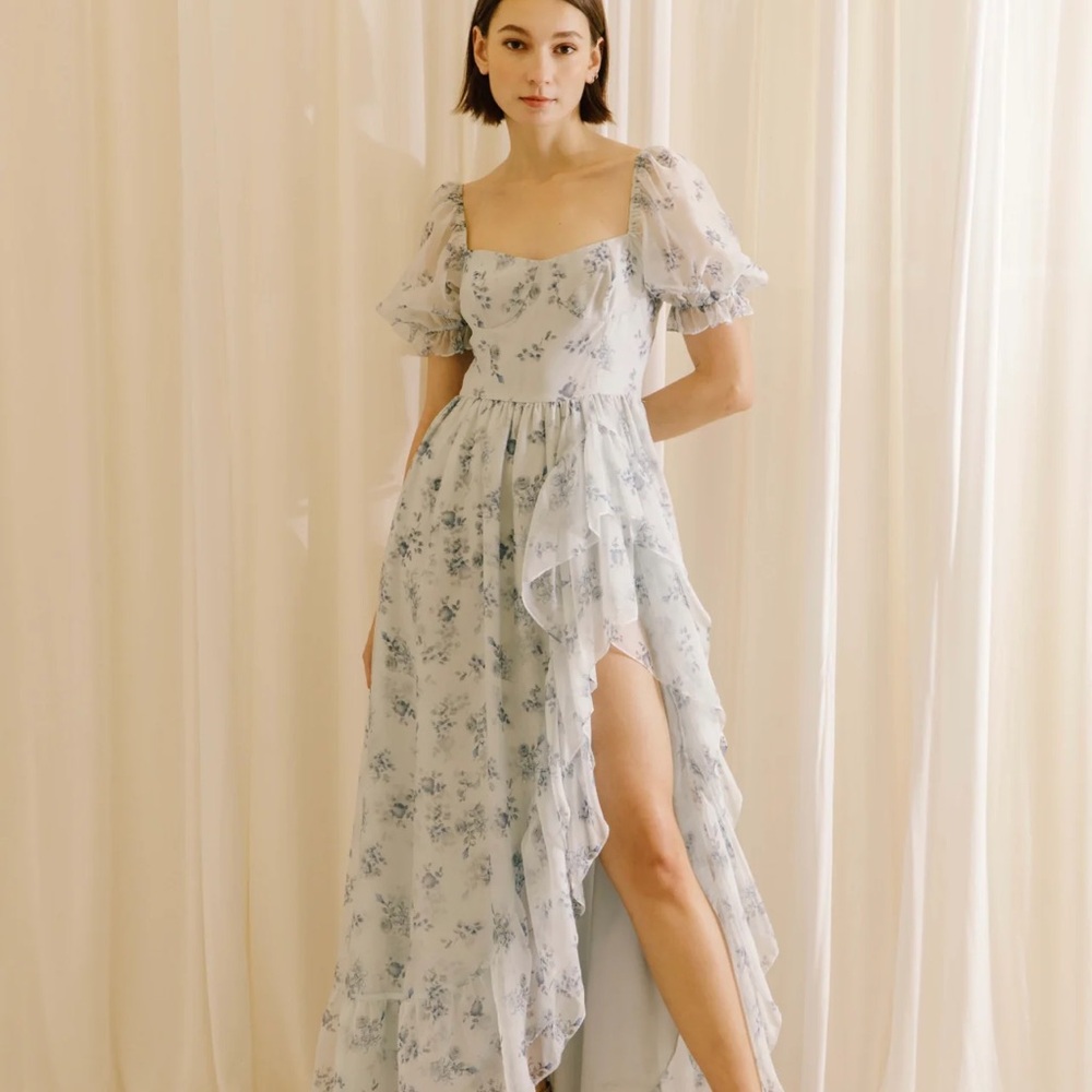 Floral Blue Maxi Ruffled Slit Dress